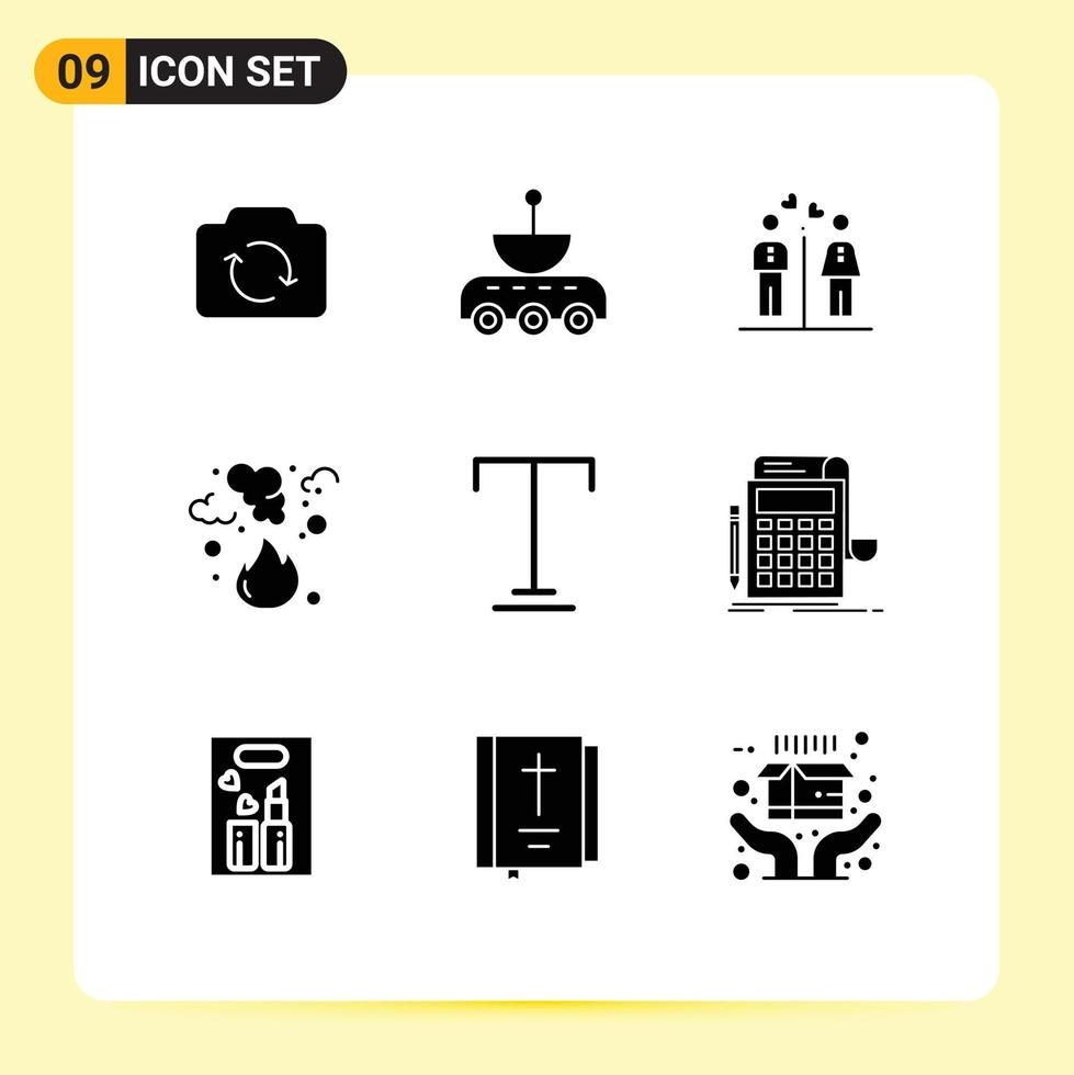 Set of 9 Vector Solid Glyphs on Grid for pollution fire space burn boy Editable Vector Design Elements