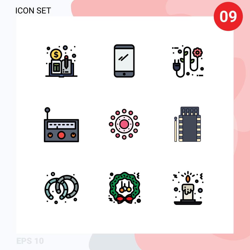 Mobile Interface Filledline Flat Color Set of 9 Pictograms of spring radio eco music device Editable Vector Design Elements