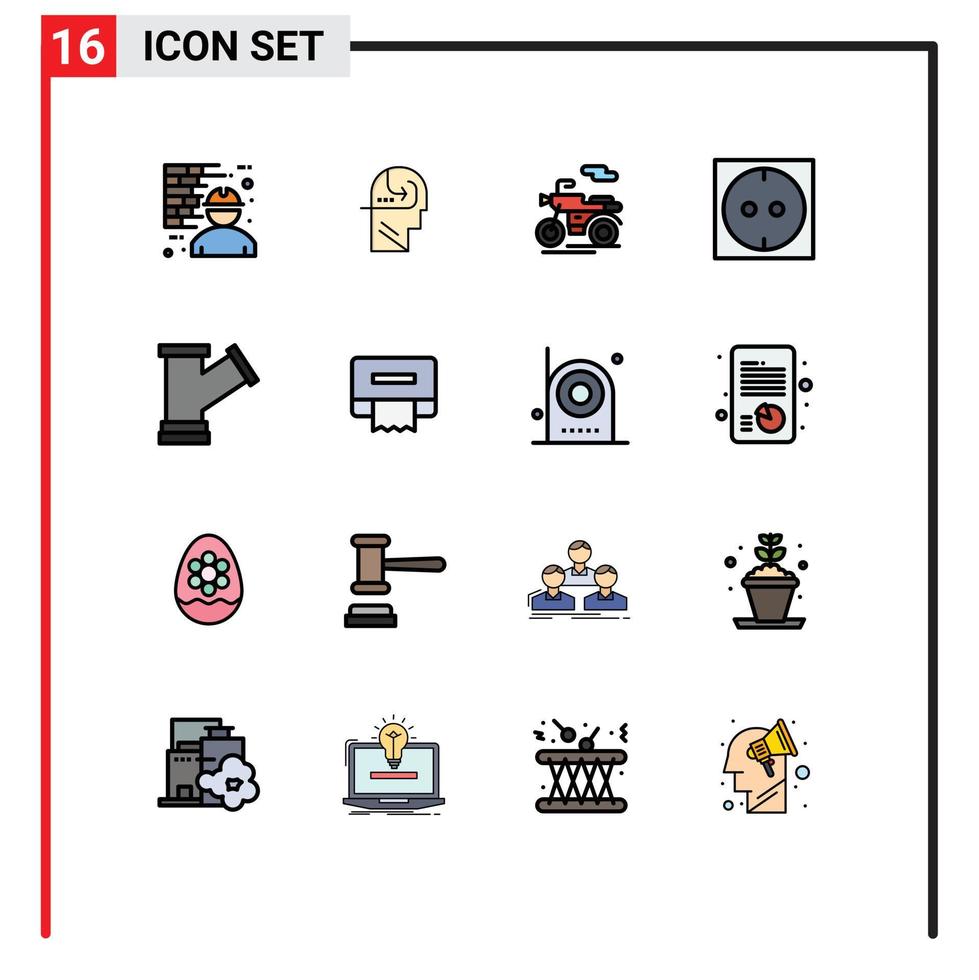 paquete de 16 líneas llenas de colores planos modernos, signos y símbolos para medios de impresión web, como tubería de cabeza regordeta de agua, elementos de diseño de vectores creativos editables eléctricos