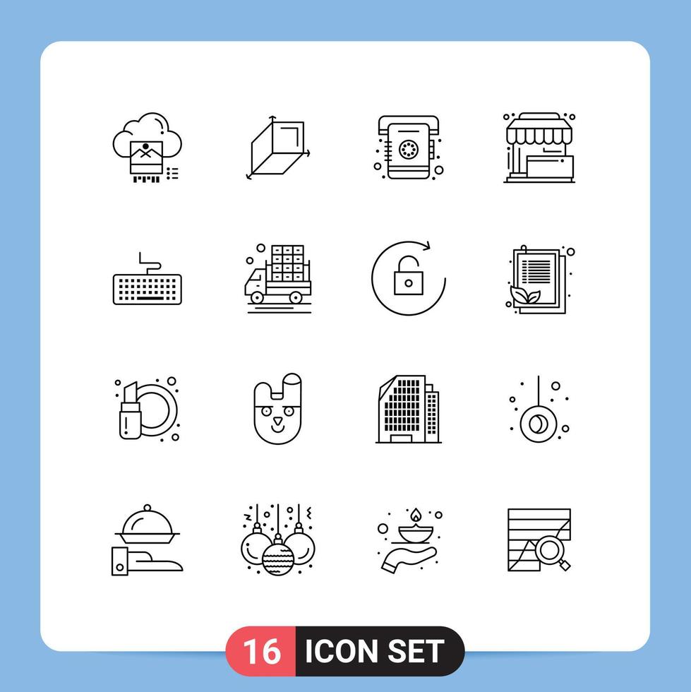 16 Universal Outlines Set for Web and Mobile Applications key store phone shop purchase Editable Vector Design Elements