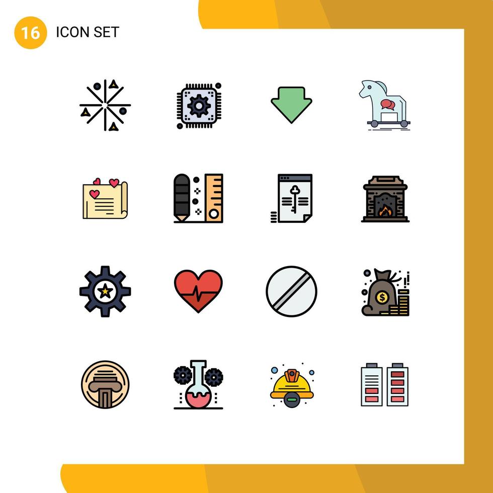 Modern Set of 16 Flat Color Filled Lines and symbols such as wedding card virus arrow trojan horse Editable Creative Vector Design Elements