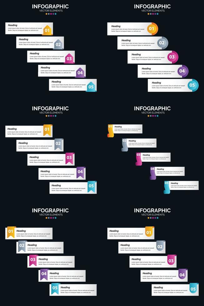 plantilla de diapositiva de presentación del paquete de infografías vectoriales 6 diagramas de ciclo de 5 pasos y líneas de tiempo vector