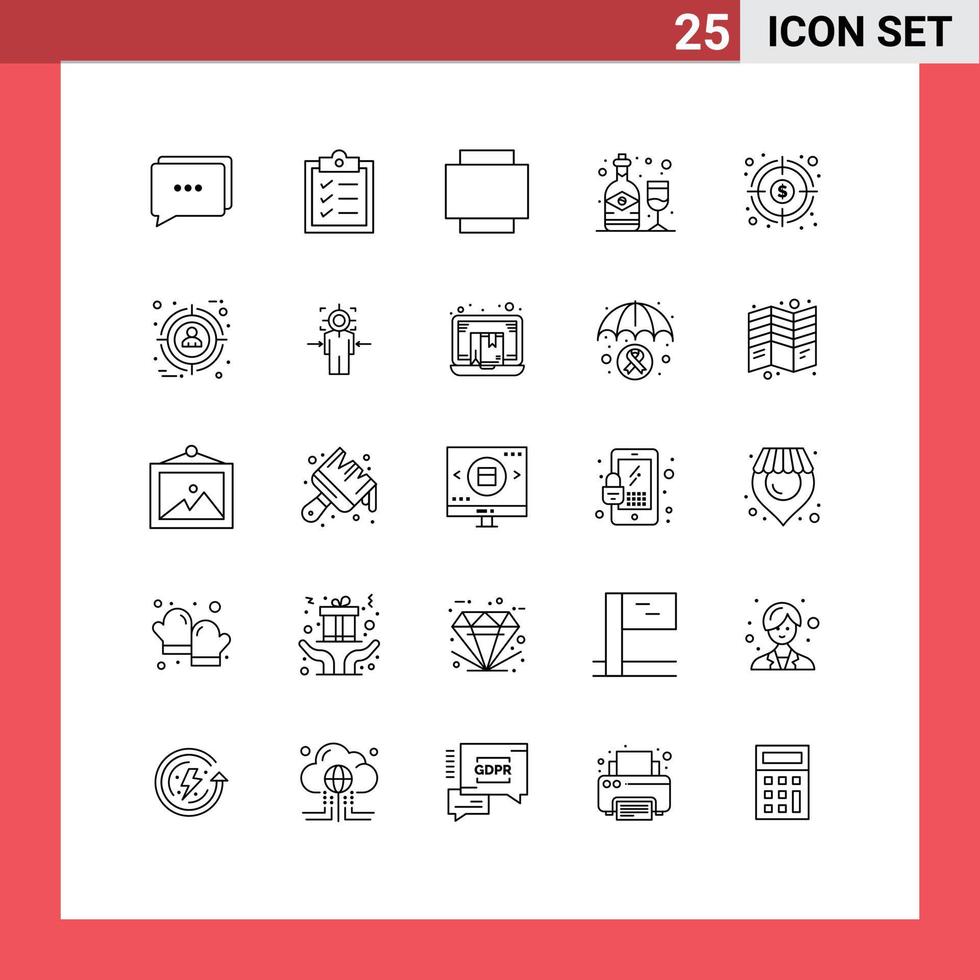 Universal Icon Symbols Group of 25 Modern Lines of focus goal alcohol fund finance Editable Vector Design Elements