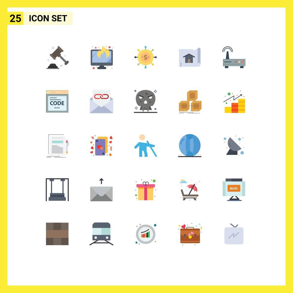 User Interface Pack of 25 Basic Flat Colors of wifi house business map building Editable Vector Design Elements