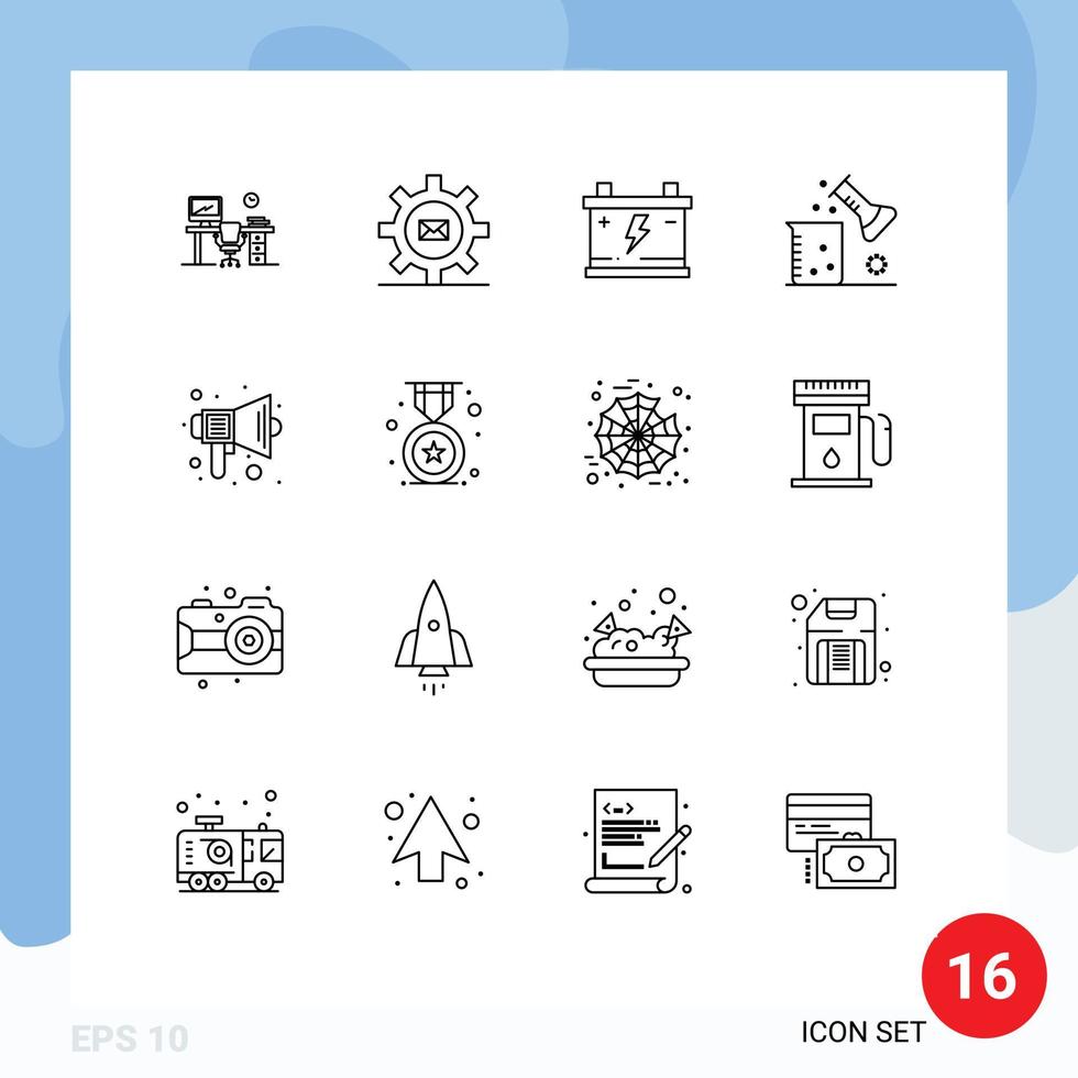 paquete de 16 signos y símbolos de contornos modernos para medios de impresión web, como la ciencia de la materia, la química, el correo, la ciencia química, los elementos de diseño de vectores editables de potencia