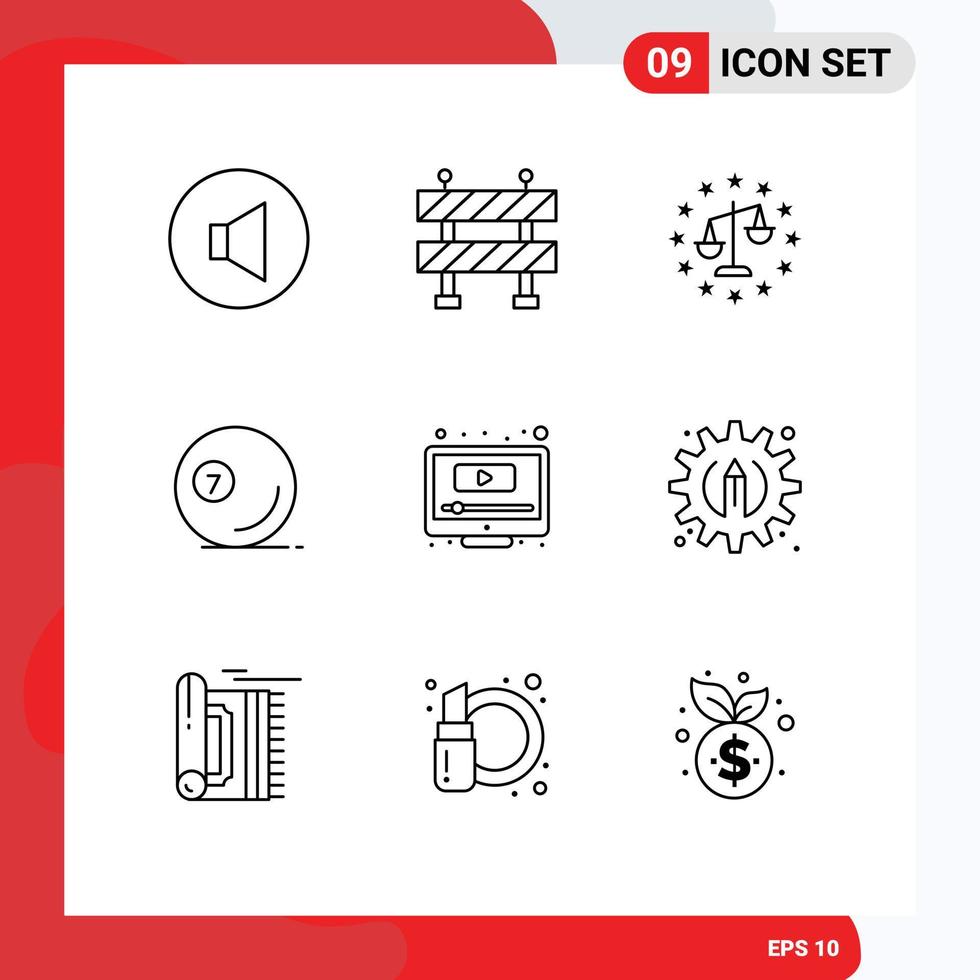 Stock Vector Icon Pack of 9 Line Signs and Symbols for youtube play law computer pool Editable Vector Design Elements