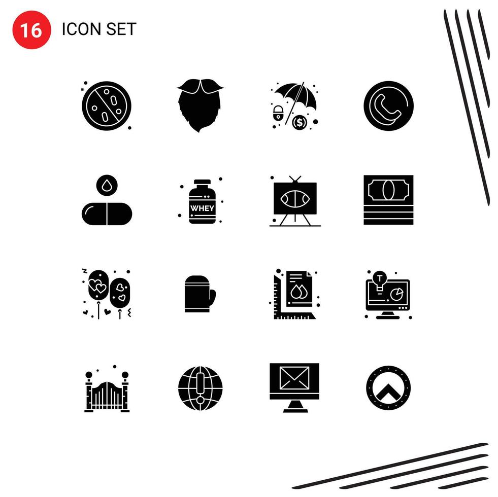 Mobile Interface Solid Glyph Set of 16 Pictograms of drug phone movember contact dollar protection Editable Vector Design Elements