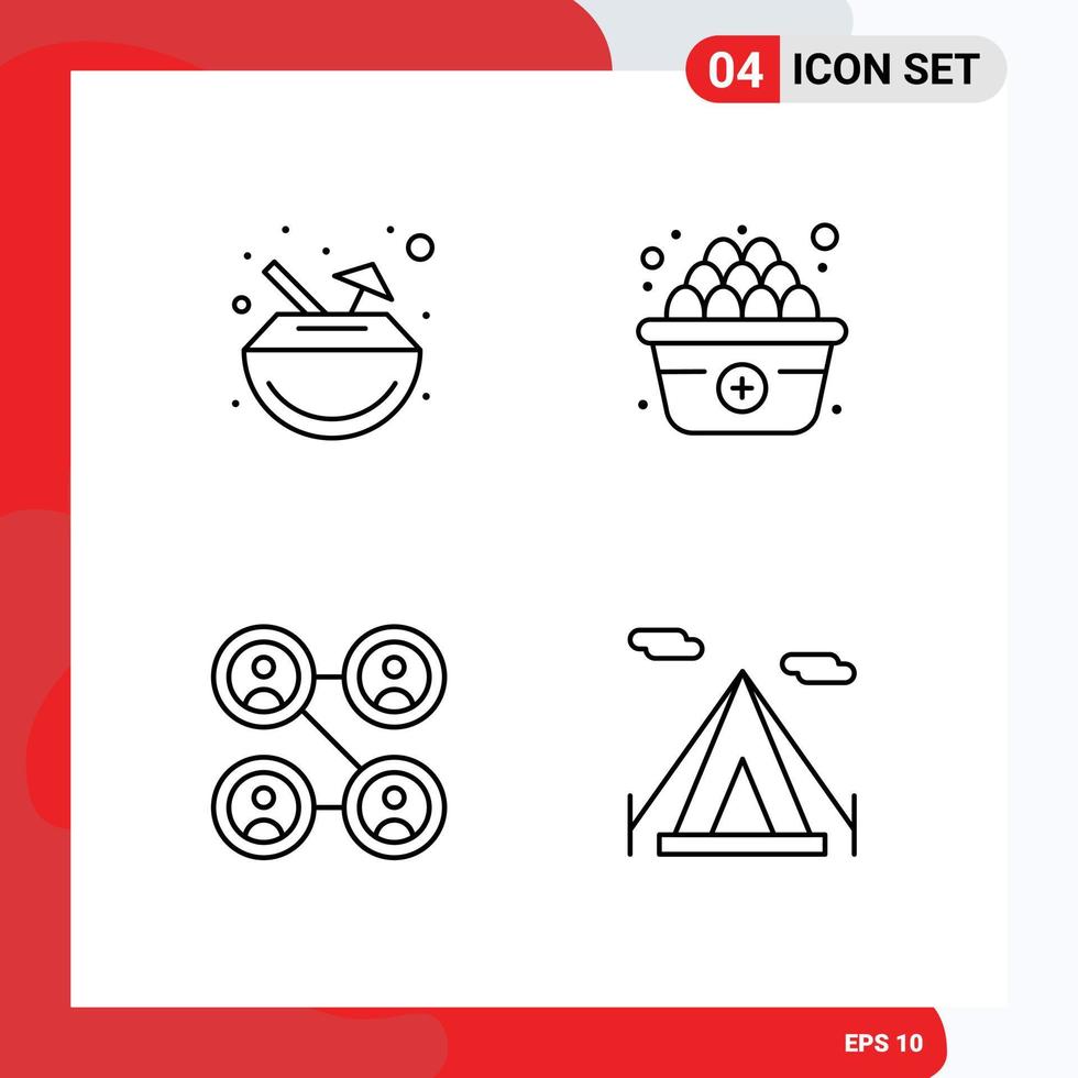 Set of 4 Commercial Filledline Flat Colors pack for drink social coconut add camping Editable Vector Design Elements