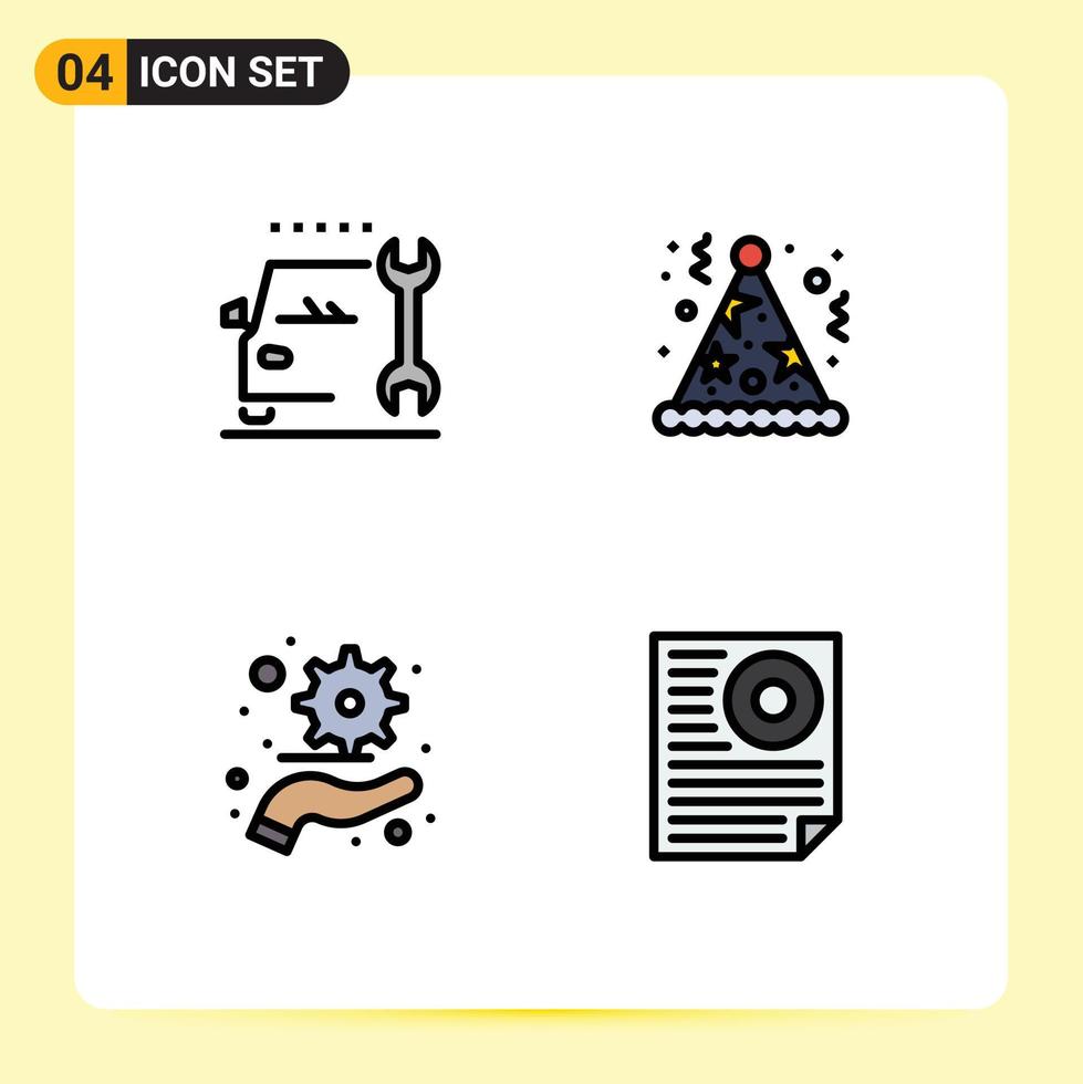 4 User Interface Filledline Flat Color Pack of modern Signs and Symbols of car management service fun data Editable Vector Design Elements