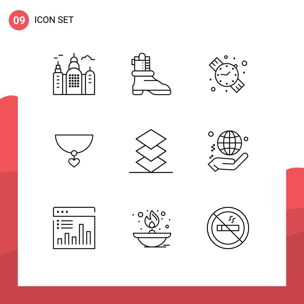 9 Creative Icons Modern Signs and Symbols of globe hand hand watch stack arrange Editable Vector Design Elements