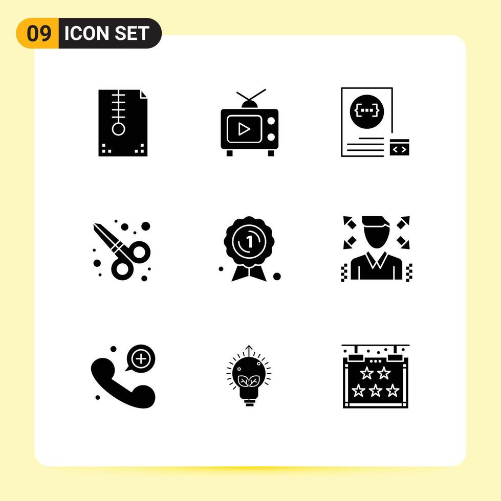 Mobile Interface Solid Glyph Set of 9 Pictograms of award scissor tool video graphic design development Editable Vector Design Elements