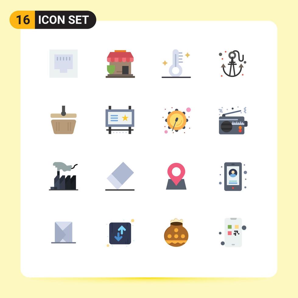 Pictogram Set of 16 Simple Flat Colors of shapping basket temperature summer beach Editable Pack of Creative Vector Design Elements