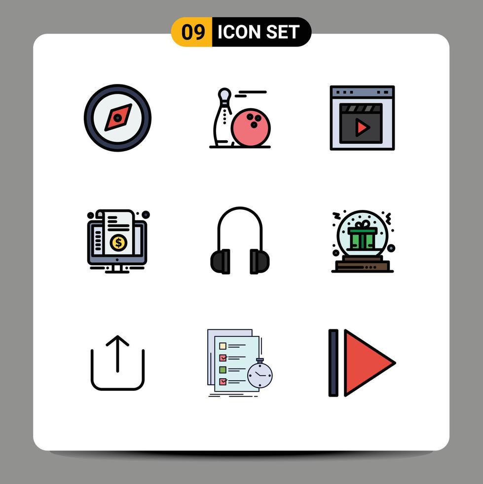 Set of 9 Commercial Filledline Flat Colors pack for purchase invoice browser internet movie Editable Vector Design Elements