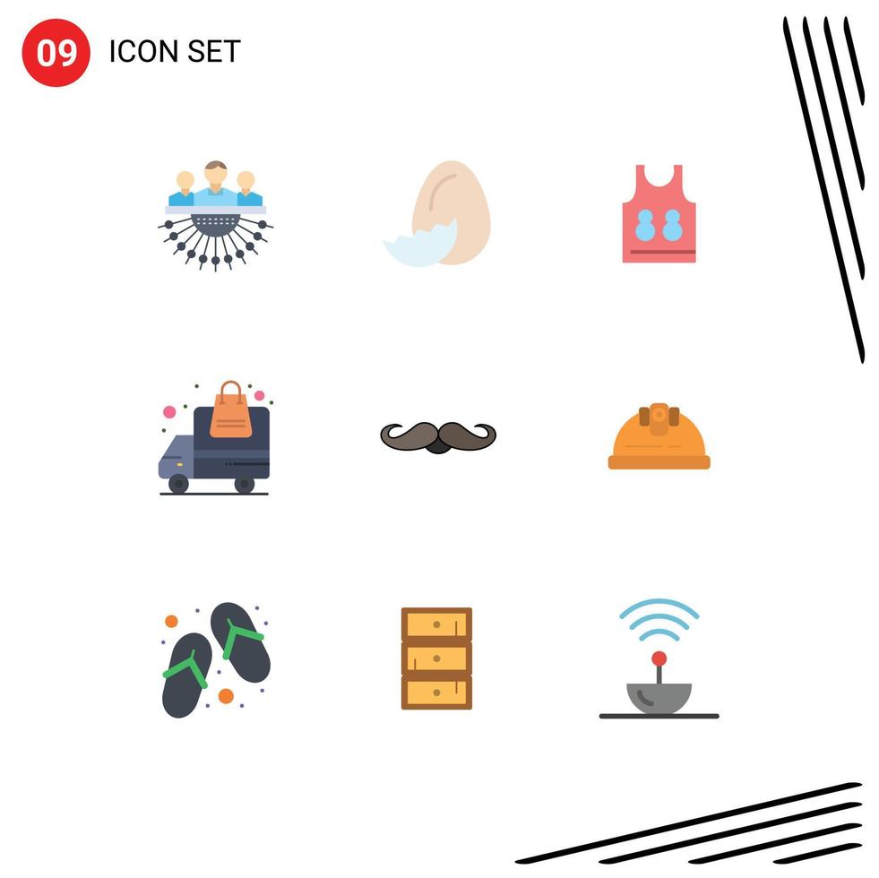 Group of 9 Flat Colors Signs and Symbols for moustache truck spring transportation sport Editable Vector Design Elements