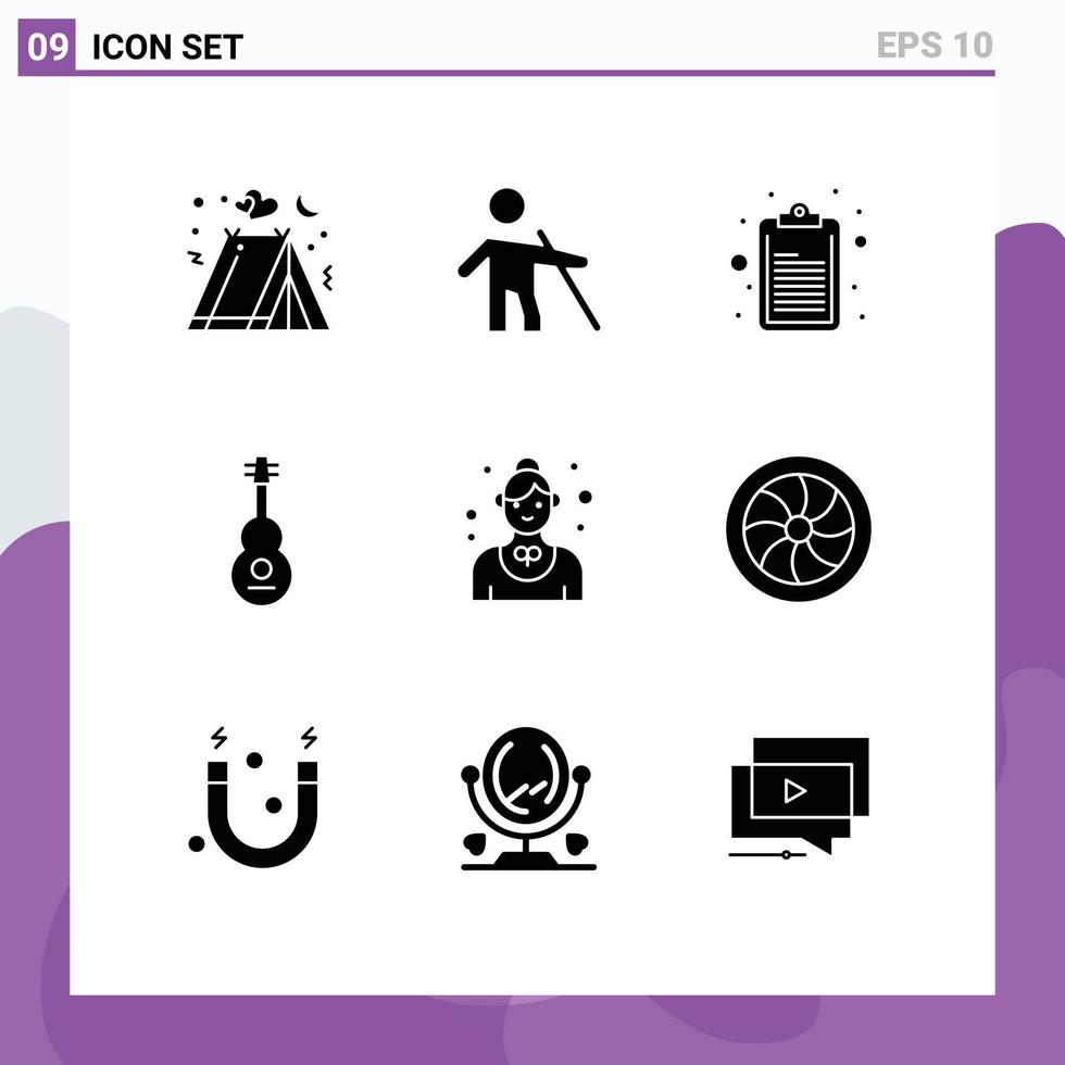 Universal Icon Symbols Group of 9 Modern Solid Glyphs of employee violin checklist sound instrument Editable Vector Design Elements