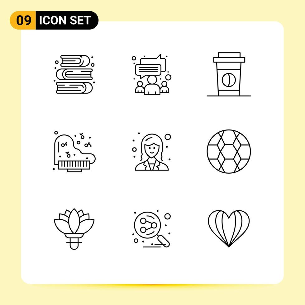 Universal Icon Symbols Group of 9 Modern Outlines of lady employee coffee business instrument Editable Vector Design Elements