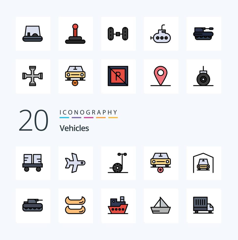 Paquete de iconos de color lleno de línea de 20 vehículos como garaje más vehículo más agregar vector