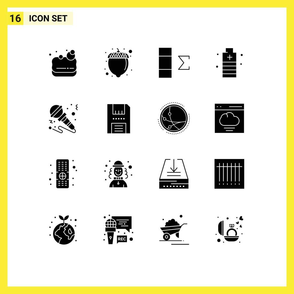 Mobile Interface Solid Glyph Set of 16 Pictograms of music mic summary microphone power Editable Vector Design Elements