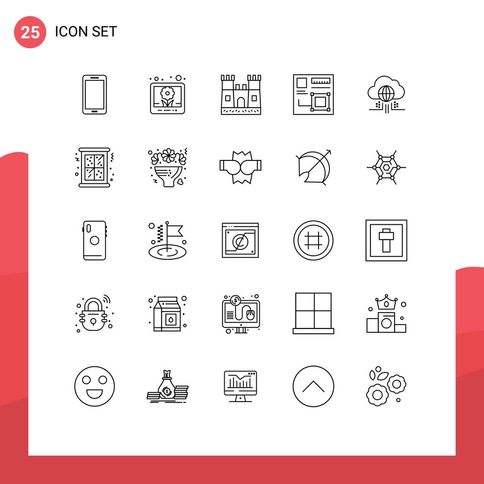 grupo de símbolos de iconos universales de 25 líneas modernas de elementos de diseño de vectores editables del navegador digital web beach