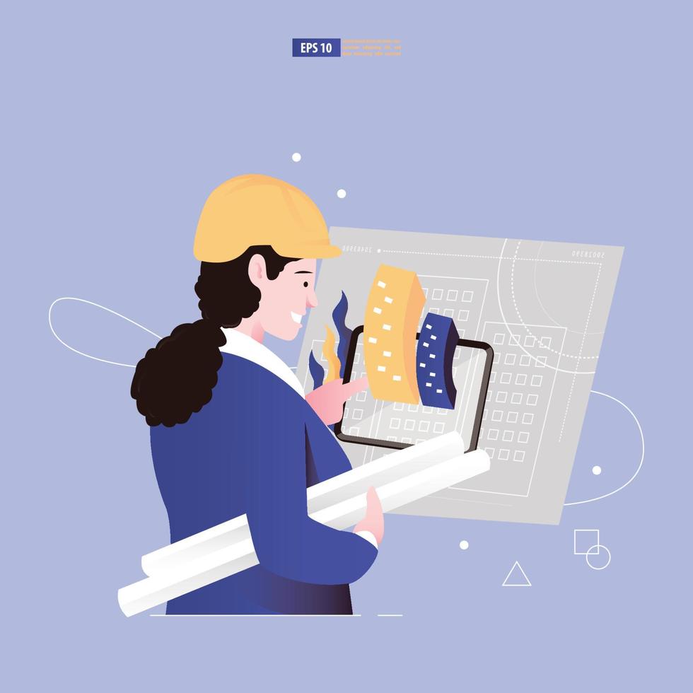 Augmented reality concept  template. An architect view 3D buildings in tablet that emerge from architecture plan document vector illustration