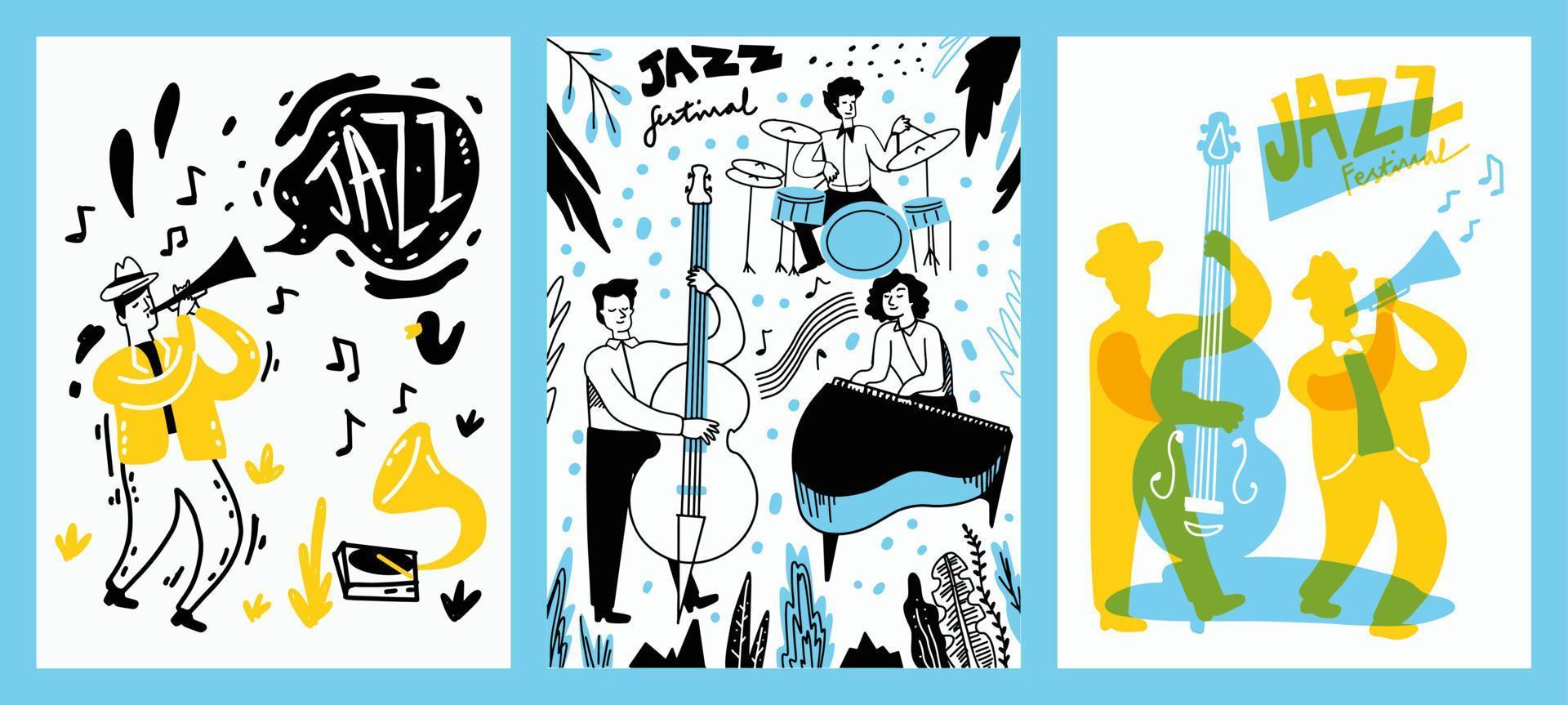 concepto de cartel de portada del festival de música de jazz. ilustración de vector de instrumento de reproducción de hombre.