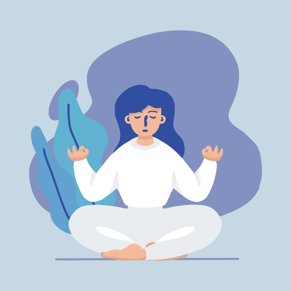 Woman meditating and practicing yoga concept. The girl sits in the lotus position. the thought process and the search of idea. Vector illustration