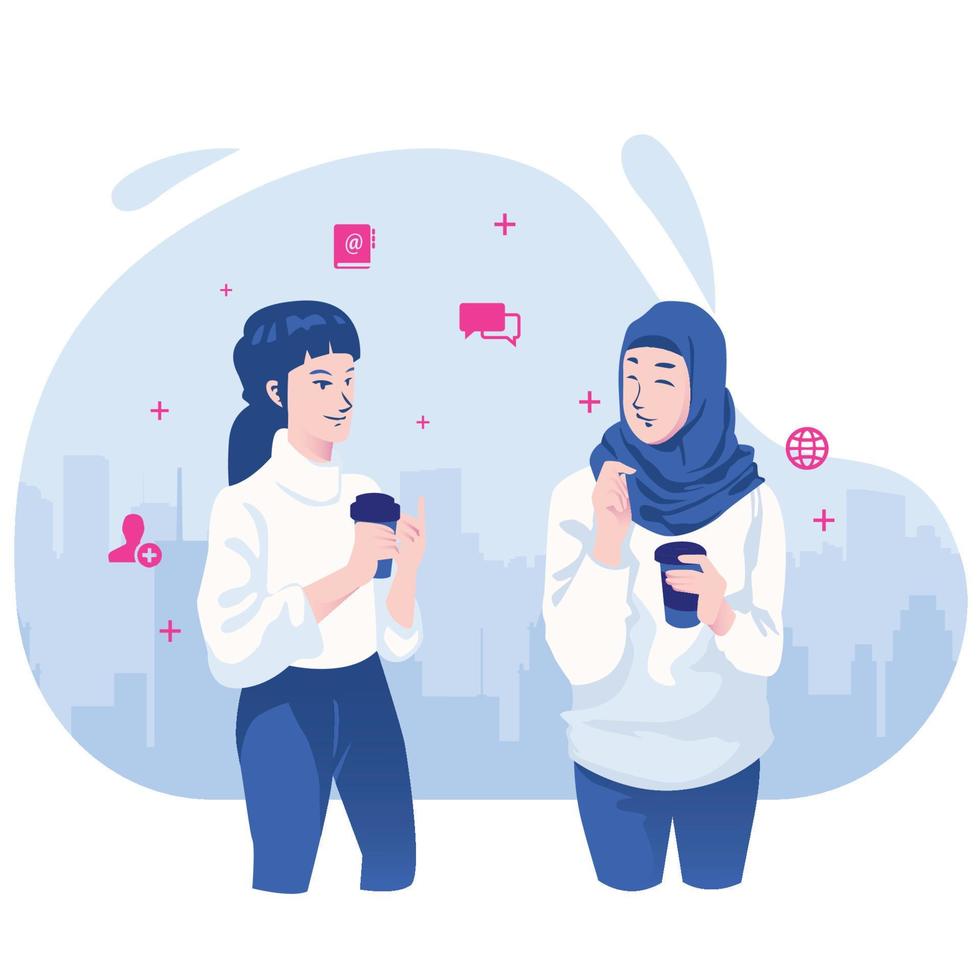 Coffee break in office work concept, business teamwork communication, woman and man talking each other, flat vector illustration