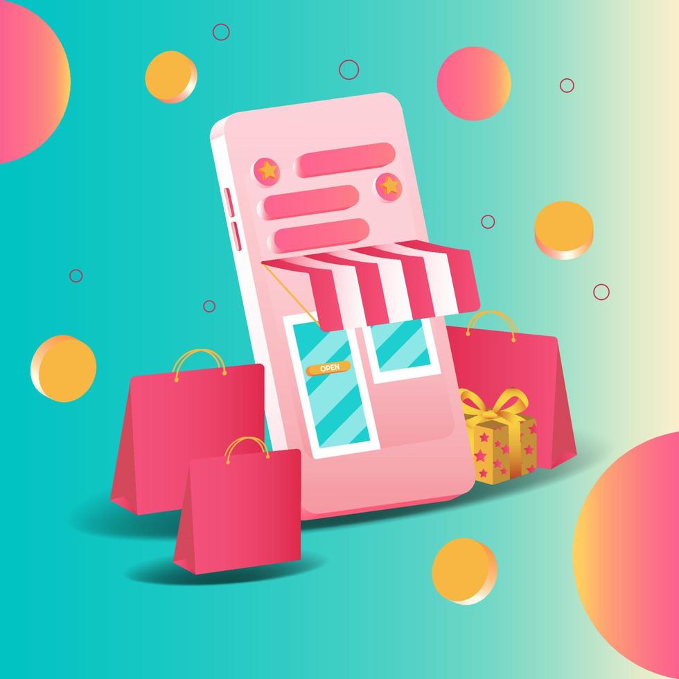 Smartphone 3d online shopping of marketing and digital marketing. mobile applications and website concepts. Vector illustration