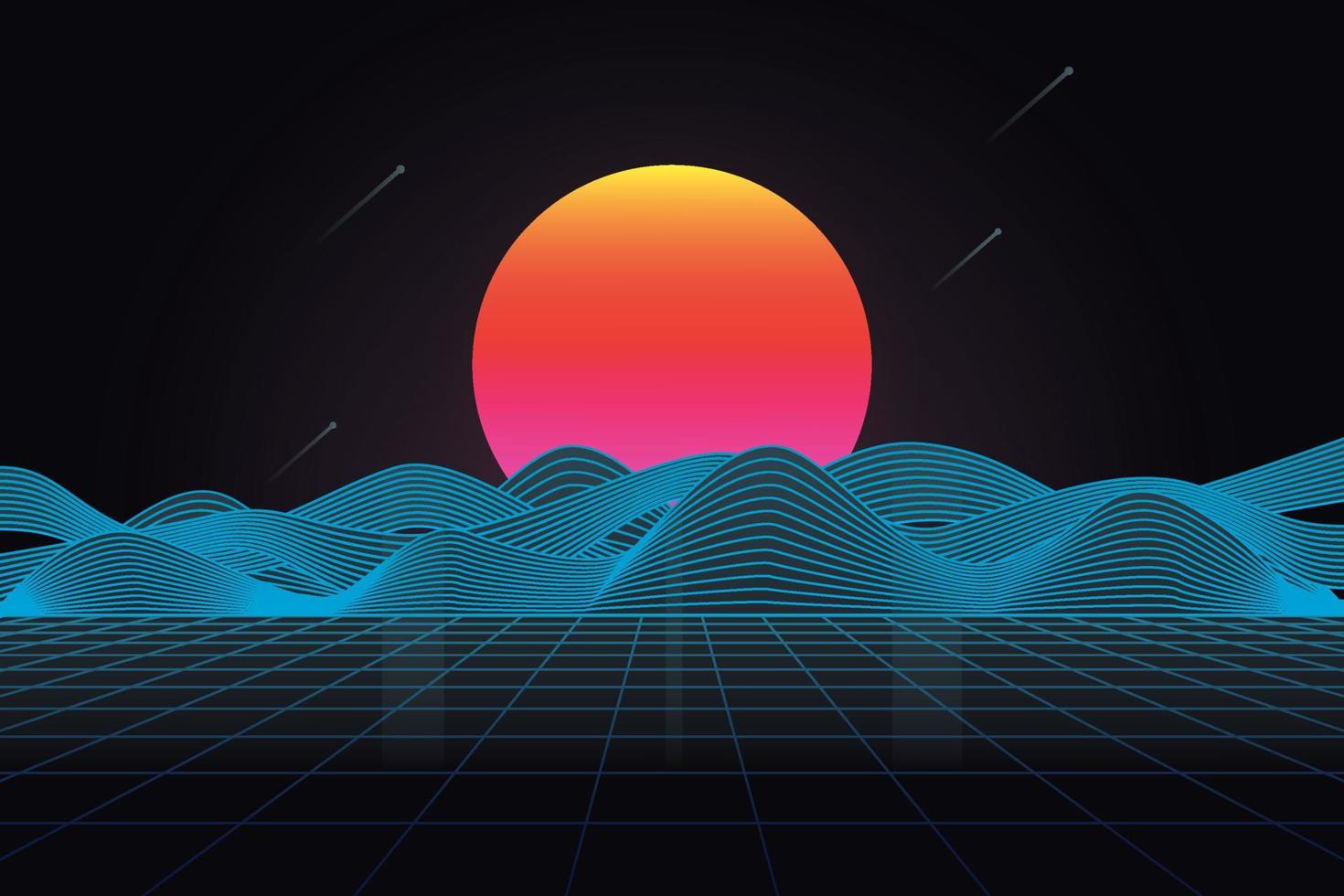 80's futuristic retro landscape with sun and mountain. Vector illustration