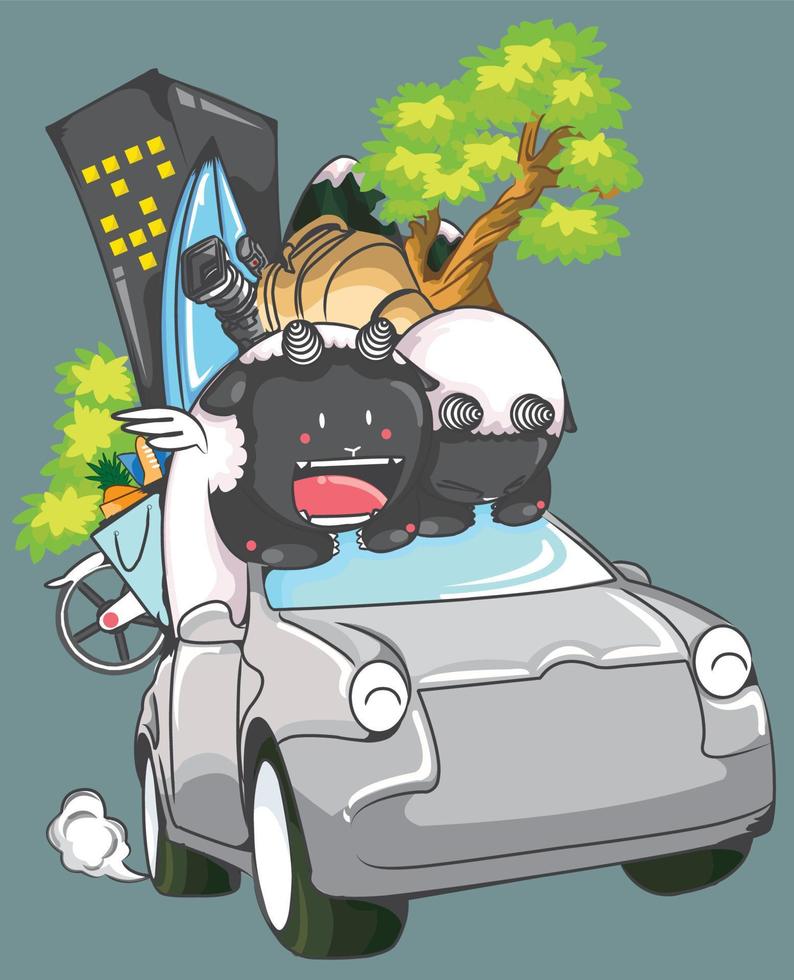Cute Sheep gonna take a holiday with sedan car illustration vector