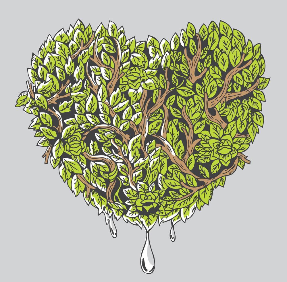 ponga verde su corazón ilustración vector símbolo de corazón con planta, hoja, ramita y gotita.