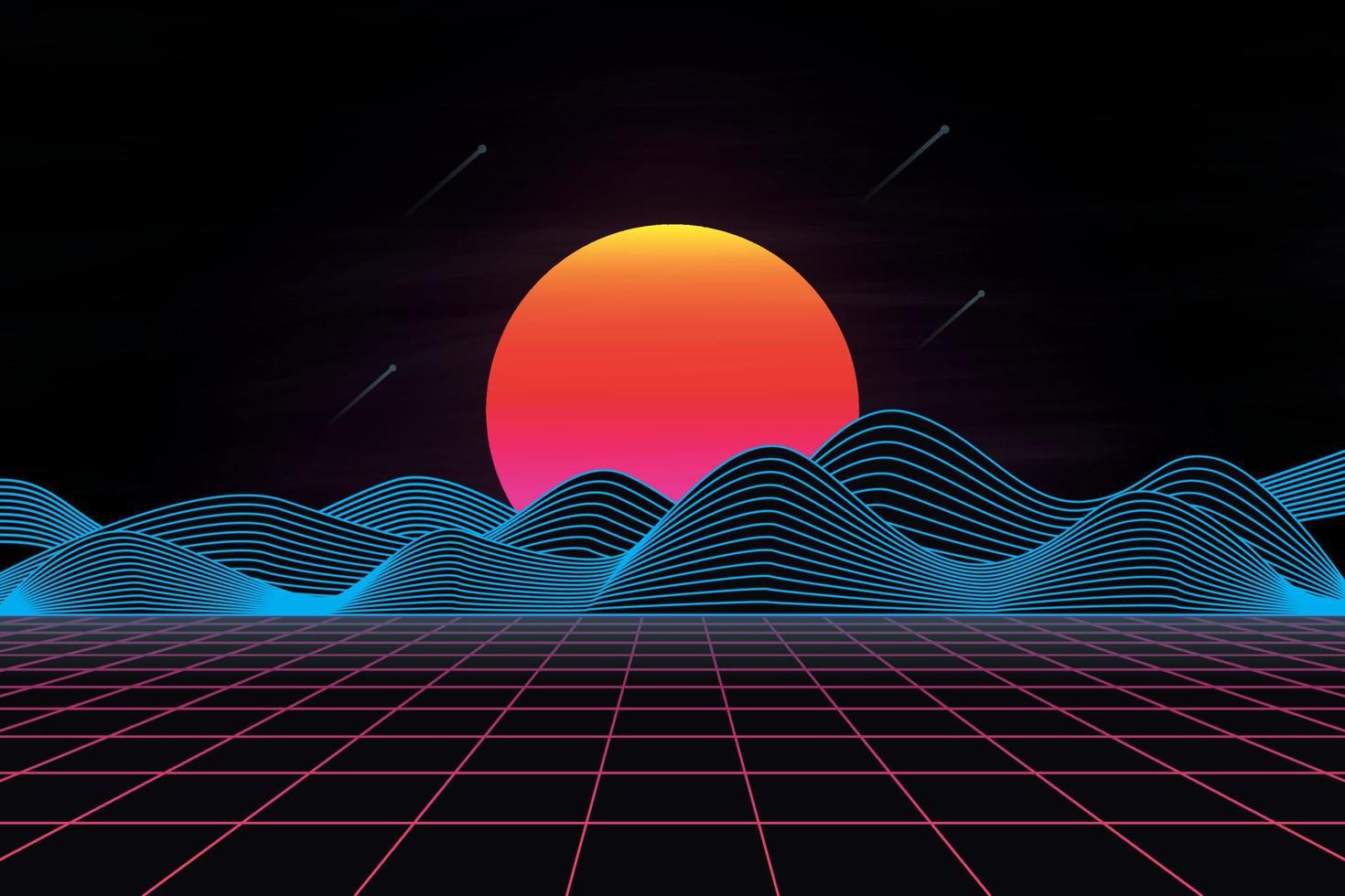 Futuristic 80's retro landscape with sun and mountain. Vector illustration