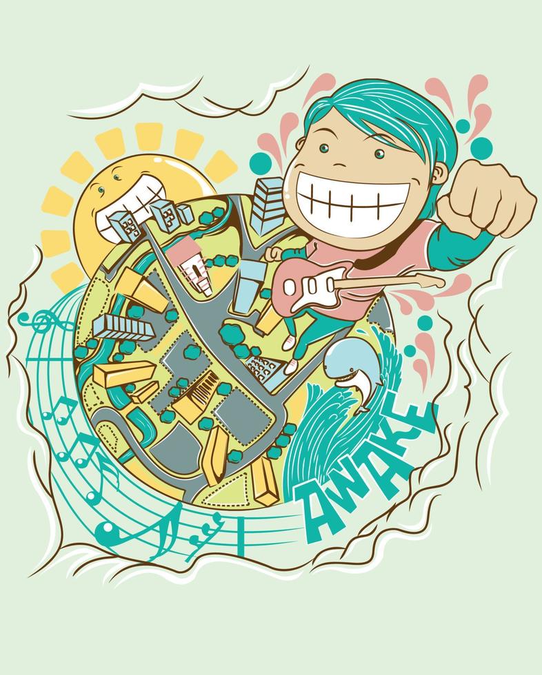 Cute illustration vector of boy who have high spirits and has a hobby of playing guitar on the globe
