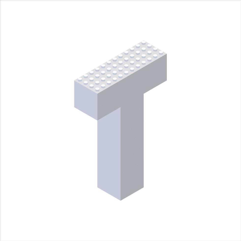 Isometric font made from color plastic blocks. The children s designer. Letter T. Vector illustration