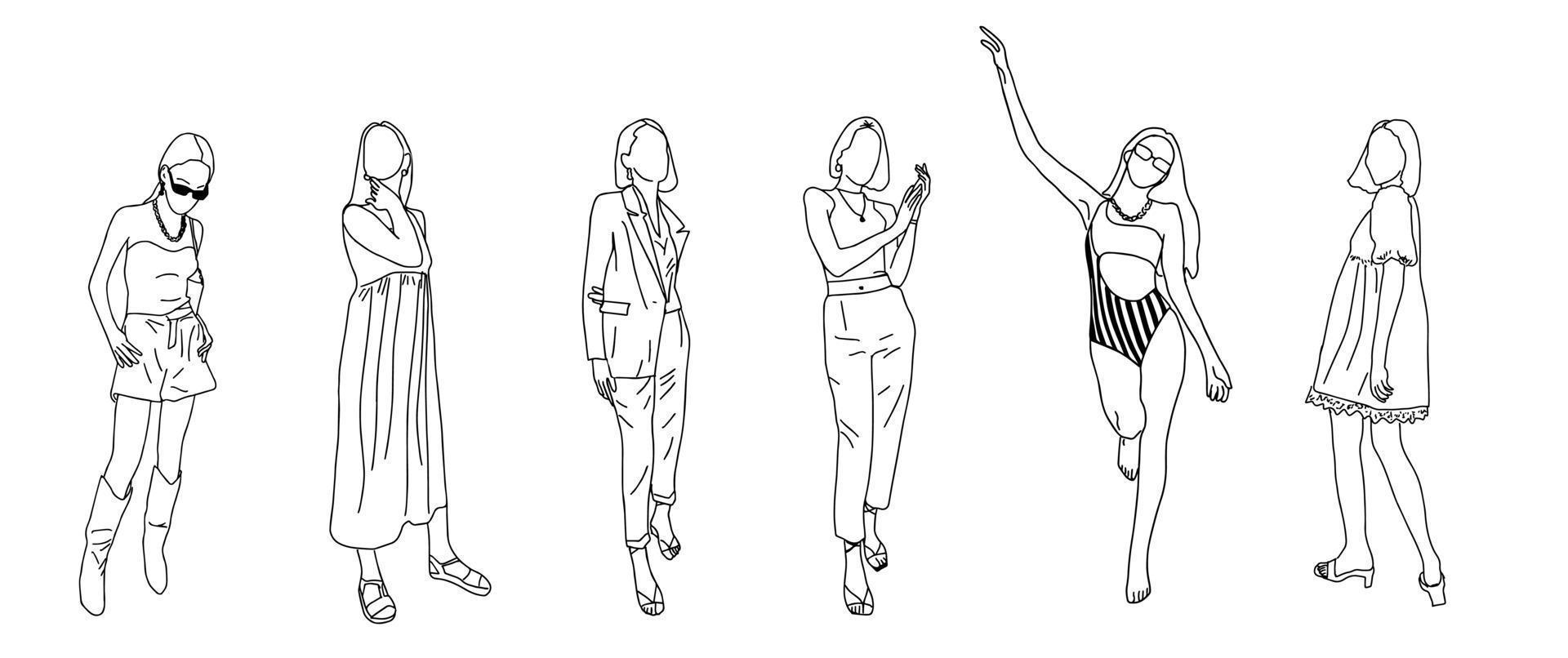 Girls drawn in a linear style for a fashion magazine. Vector illustration.