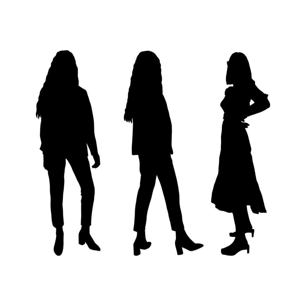 Set of black silhouettes of girls students for printing on T-shirts, mugs, bags, decor and design. Vector clipart.