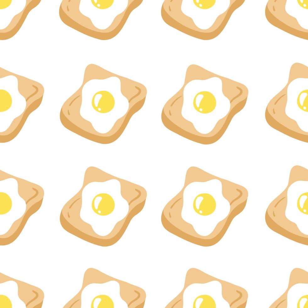 Seamless pattern with fried egg and toast. Broken egg. Scrambled eggs. Healthy food concept. Traditional fast breakfast. Vector illustration isolated on a white background