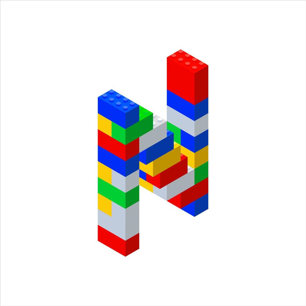 Isometric font made from color plastic blocks. The childrens designer. Letter N. Vector illustration