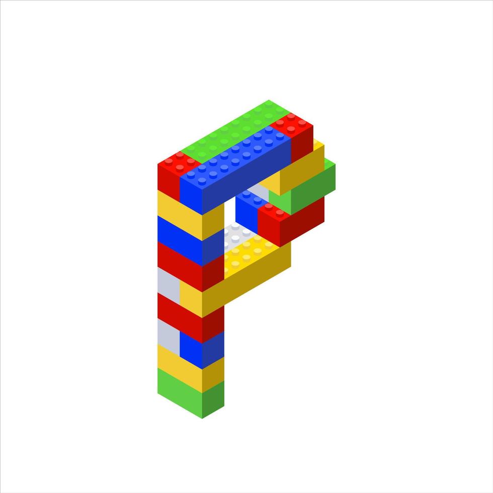 Isometric font made from color plastic blocks. The childrens designer. Letter P. Vector illustration