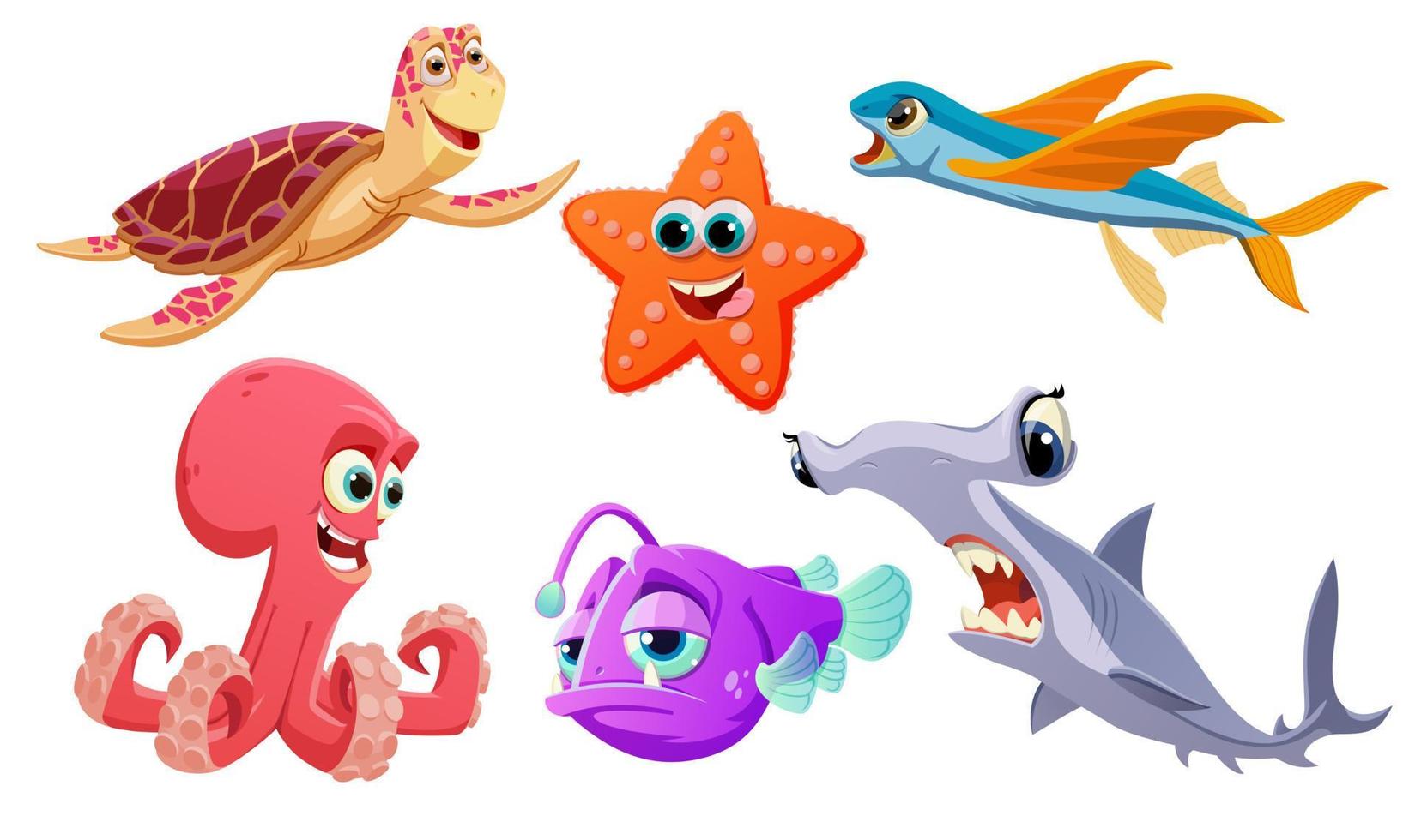 Set of underwater inhabitants in cartoon style for print, illustration and cartoons. Vector illustration.