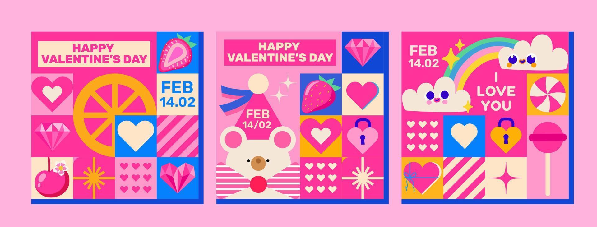 Feliz día de San Valentín. diseño de mosaico. 3 plantillas rosas muy lindas con oso de peluche, nubes de amor y varios elementos festivos. perfecto como postal, saludo, invitación para redes sociales y más vector