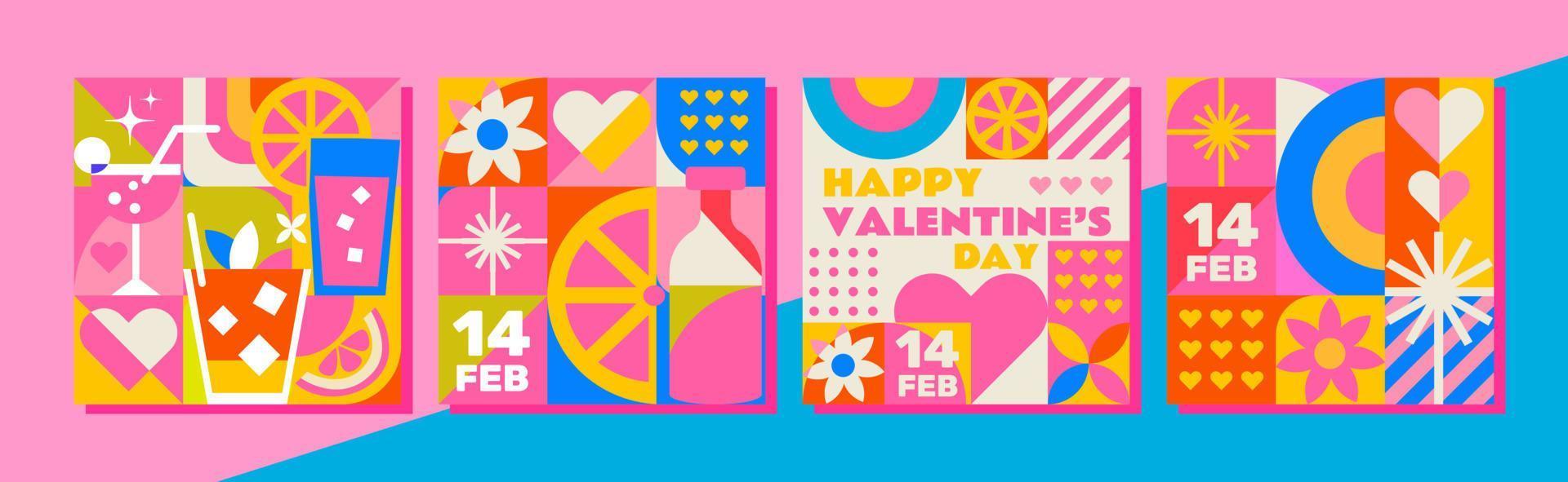 Set of 4 Happy Valentine's Day templates in mosaic style. This design is great for greetings, cards, party invitations, and social media. vector