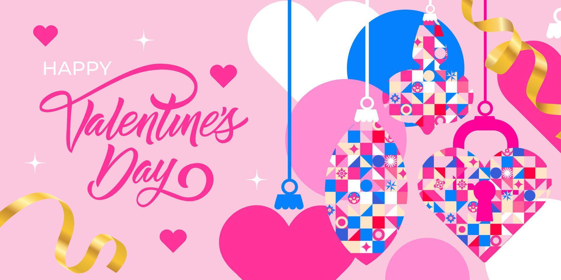 Happy Valentine's Day. Modern banner design. Toys and hearts in a geometric style and a variety of textures. vector