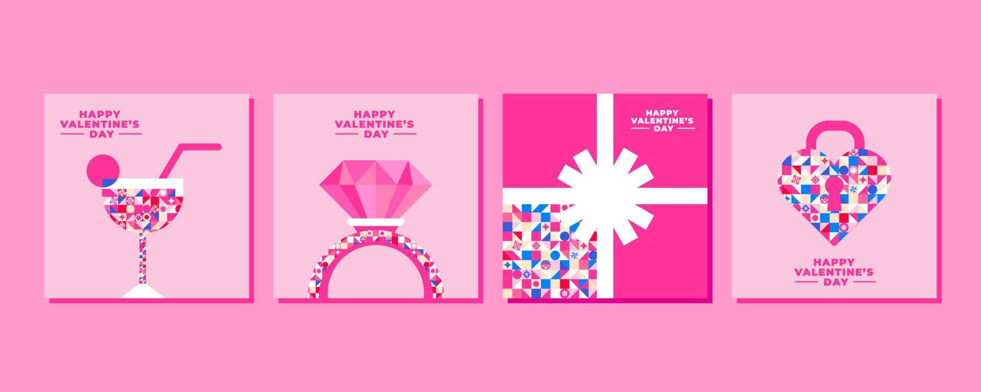 4 templates for Valentine's Day. Simple, festive patterned cards in pink colors with cocktail, ring, gift and heart. Perfect for greetings, invitations, postcards or for social networks and much more vector