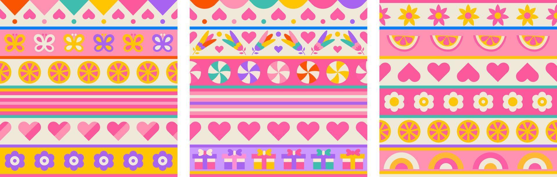 3 very cute seamless patterns for Valentine's Day.  Hearts, flowers, gifts and lots of love in one design. Perfect for wallpaper, packaging, wrapping paper social media and more vector