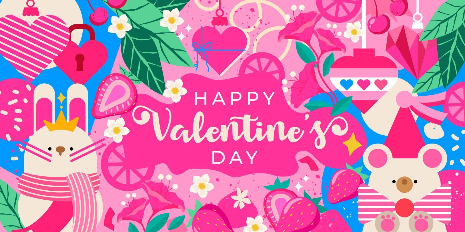 banner de feliz día de san valentín sobre fondo rosa con elementos de corazones, cerezas, fresas y lindo conejito y oso de peluche. perfecto para su proyecto, publicidad, saludo o invitación. vector