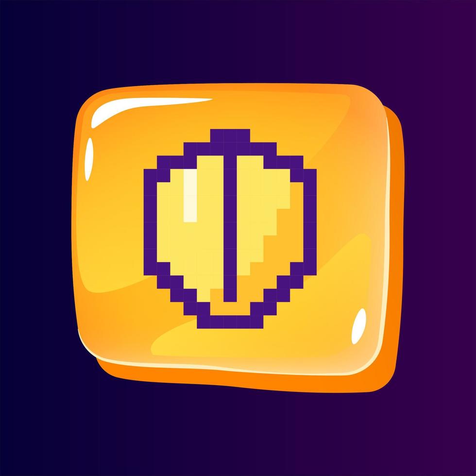 Shield glossy ui button with pixelated color icon. Cyber security improvement. Antivirus. Editable 8bit graphic element on shiny glass rectangle shape. Isolated image for arcade, video game design vector