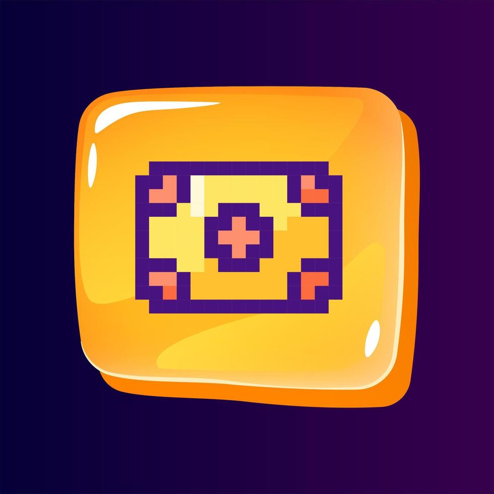 Money glossy ui button with pixelated color icon. Cash payment. Financial transaction. Editable 8bit graphic element on shiny glass rectangle shape. Isolated image for arcade, video game design vector
