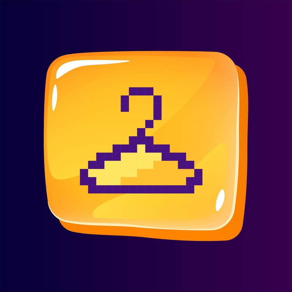 Clothes hanger glossy ui button with pixelated color icon. Fashion store. Online business. Editable 8bit graphic element on shiny glass rectangle shape. Isolated image for arcade, video game design vector