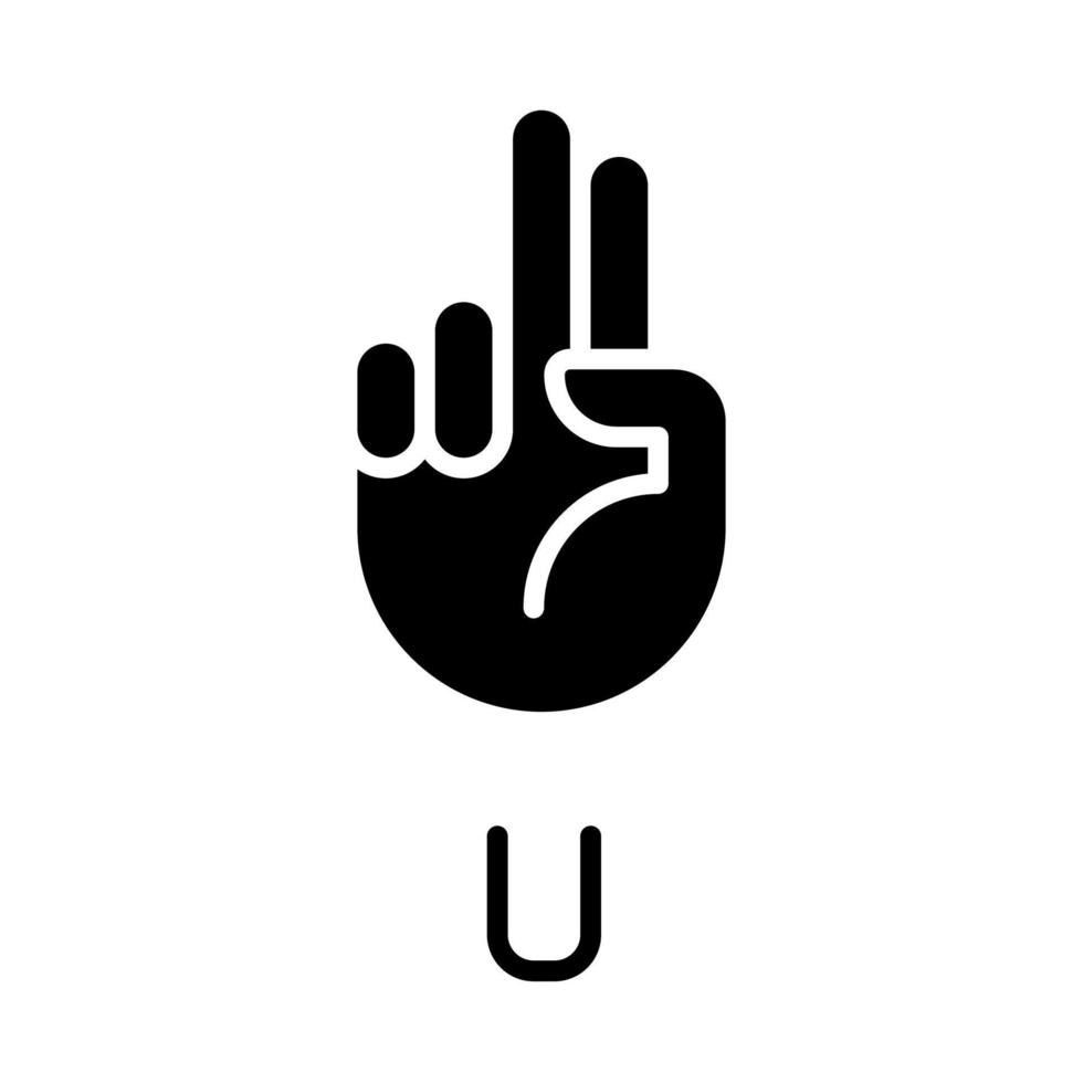 Letter U sign in ASL black glyph icon. Words visualization by special gestures. Communication process. Silhouette symbol on white space. Solid pictogram. Vector isolated illustration